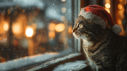 Festive cat gazing out the window during snowy winter evening at home cozy atmosphere cat lover's delight