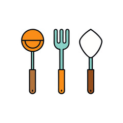 Essential kitchen cooking utensils icon set: ladle, fork, spatula