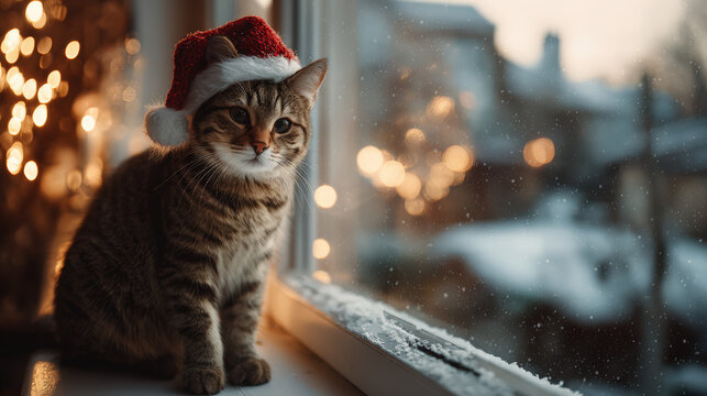 Festive cat with santa hat cozy home holiday photography winter wonderland close-up cheerful vibes