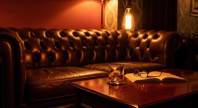 Cozy Vintage Lounge Sofa with Warm Lighting and Reading Glasses