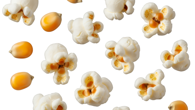A detailed close-up collection of fluffy popped popcorn and raw corn kernels creating a delicious snack pattern, isolated on transparent background