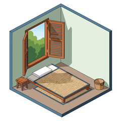 Isometric cozy bedroom with nature view through open window shutters