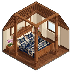 Isometric depiction of a bedroom featuring a carved wooden four-poster bed