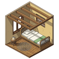 Isometric cozy room illustration, interior design concept with a bed and details