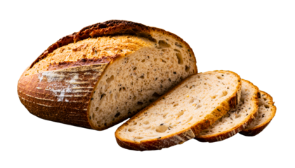 Freshly baked whole grain bread loaf with slices cut and displayed on a transparent background 