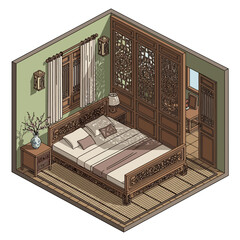 Isometric drawing presenting a classic Asian bedroom interior illustration