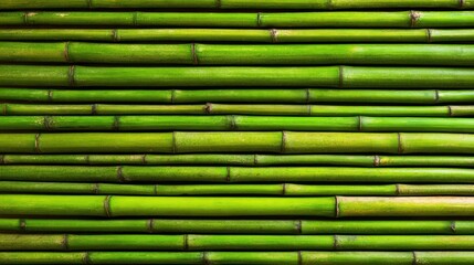 Green bamboo stalks are arranged in a neat pattern displaying their smooth texture and vibrant color. The setting creates a peaceful atmosphere filled with natural beauty.