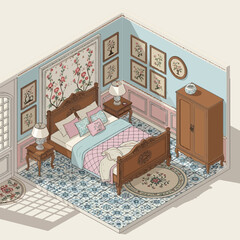 Isometric Elegant Bedroom Interior with Floral Accents and Vintage Design