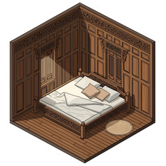 Isometric illustration featuring an elaborate traditional bedroom interior