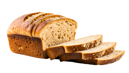 Freshly baked whole grain bread loaf with slices cut and displayed on a transparent background