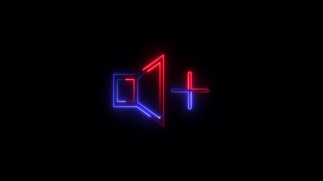 Volume and sound neon motion animation beautiful audio visuals on black background. Neon sound volume icon with plus control, Websites apps designs.