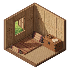 Isometric illustration of a traditional room with woven walls and mat
