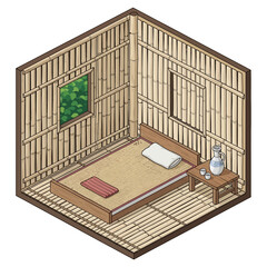 Isometric illustration of a traditional bamboo room interior arrangement
