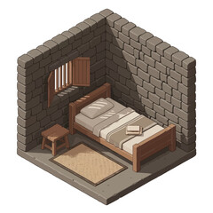 Isometric illustration of an isolated cell featuring a wooden bed inside