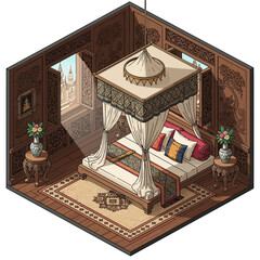 Isometric illustration of an intricately designed thai style bedroom suite
