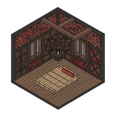 Isometric Illustration of Intricate Room with Ornamental Details and Bamboo Bed