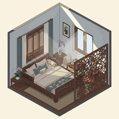 Isometric Illustration of Traditional Asian Style Bedroom with Sunlight
