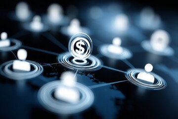 Abstract digital network displaying connections between person icons and central dollar symbol, global map background.