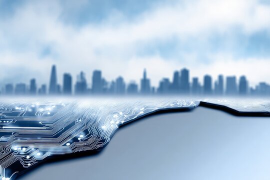 Digital circuit board pattern forms futuristic landscape connecting to smart city skyline under cloudy sky.