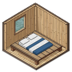 Bamboo Bliss: Serene Isometric Bedroom Interior with Natural Elements