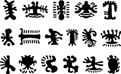 Ancient pictographs and rock art symbols in black and white illustration