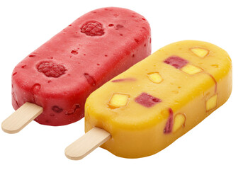 Isolated Raspberry and Mango Popsicles, Sweet Frozen Treats on Sticks, Summer Dessert
