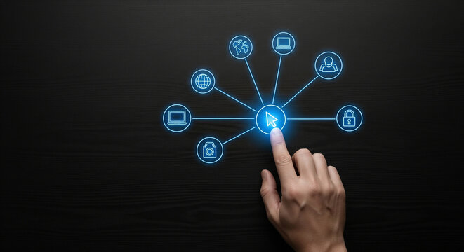 Hand touching glowing digital network hub connecting various technology icons on dark background