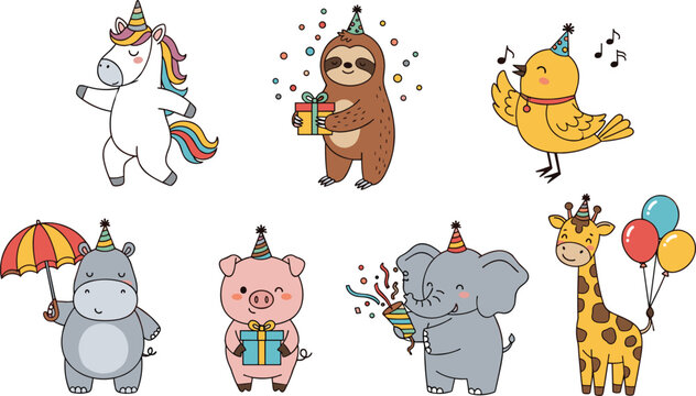 Set of Cute Cartoon Birthday Animals Including Unicorn Sloth Hippo Elephant Pig Giraffe Bird Wearing Party Hats Vector Illustration Graphic Design Element Collection