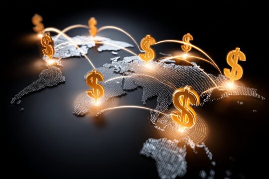 Golden dollar symbols glow, connecting across world map, illustrating global finance network expansion.