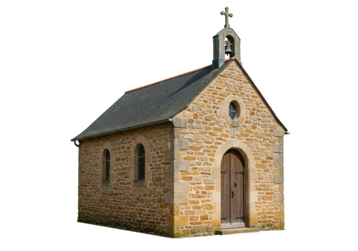 Isolated stone chapel with cross, simple religious building, weathered medieval architecture