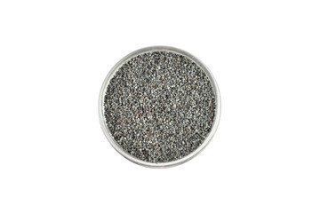Dried poppy seeds are poured into a round vase. Top view.
