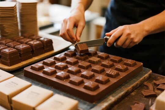 A person cutting chocolate bars on a wooden board in a workshop setting