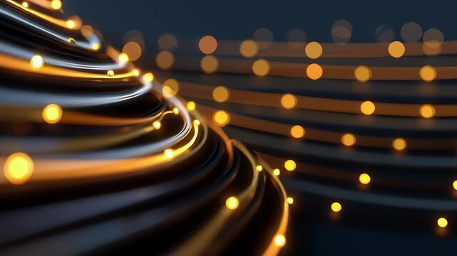 Curving golden light trails and bokeh orbs spiraling dynamically against deep navy background, abstract festive energy flow horizontal