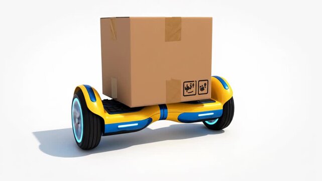 Yellow and blue hoverboard carrying a brown cardboard shipping box isolated on white background