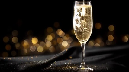 Elegant champagne flute overflowing with golden bubbles amid bokeh lights on black silk, new year celebration glamour horizontal - Powered by Adobe