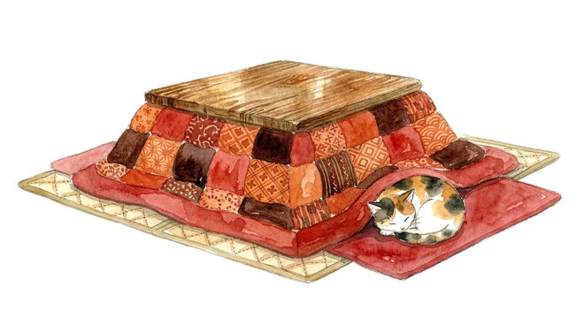 A cozy cat curled up in a kotatsu - a winter tradition