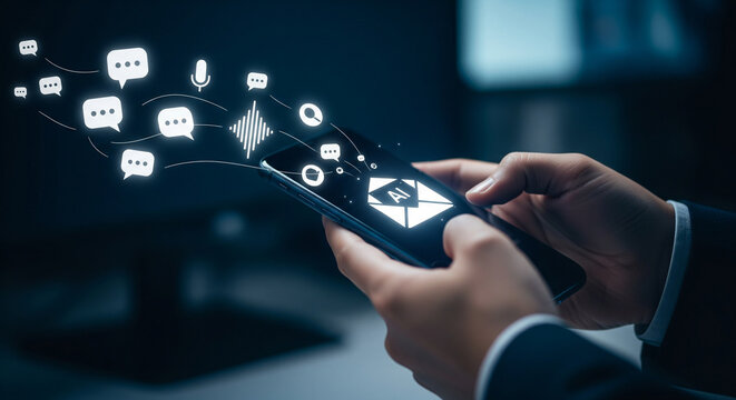 Person using smartphone for digital communication and messaging with glowing icons floating around