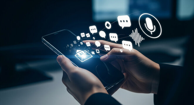 Person using smartphone to send digital messages and voice notes with glowing communication icons
