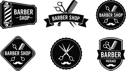 Obraz premium Vintage barber shop logos set, retro monochrome grooming emblems, hair salon badges, scissors comb vector template, cad drawing flat vector illustration