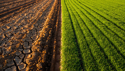 Close up of a sharp dividing line between dry brown dirt and vibrant green grass