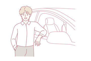 Smiling young man standing near new car in salon. Happy confident male buying automobile proud of purchase. Vector illustration.