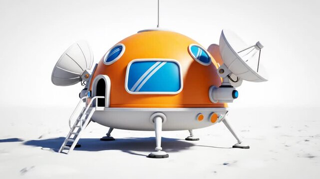 Cute cartoon orange and white futuristic space habitat or lunar lander with satellite dish on white ground isolated on white background