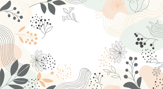 Modern abstract background with organic shapes line art botanicals and dots in soft pastel colors creating a stylish gentle frame.