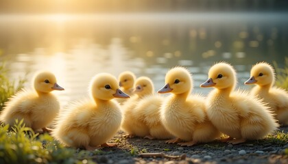 ducklings in the parkCute Ducklings Sitting by a Pond
