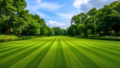 Obraz premium Perfectly striped green lawn in a park with sunlit trees