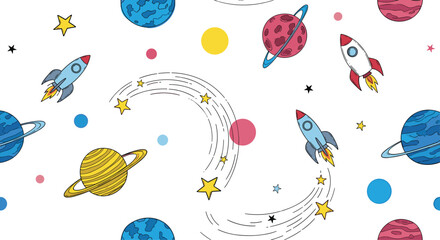 Fun seamless space pattern for children with colorful cartoon rockets planets and stars on a clean white background.