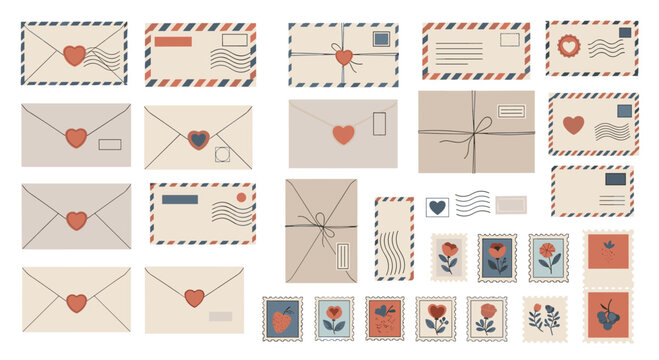 Large collection of vintage-style love letters envelopes and postage stamps for valentines day and romantic correspondence design.