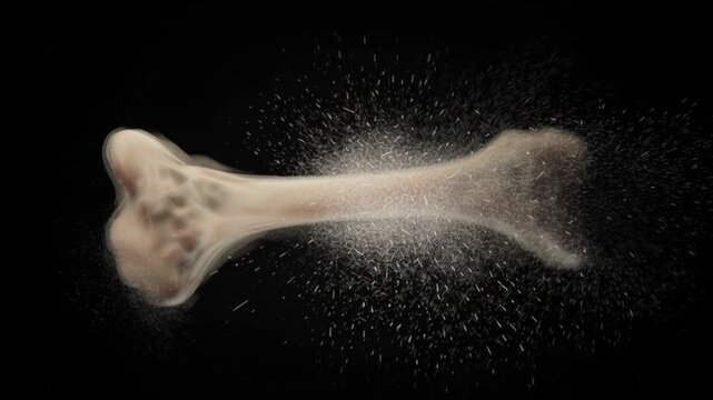 4k loop animation of a bone breaking on a transparent background showing dramatic shatter effect dust particles bursting in slow motion perfect for science medical visuals and editing projects