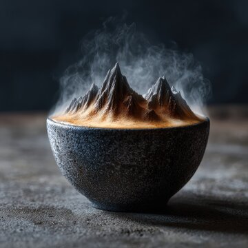 A steaming cup of mountain coffee, warm elixir with peaks in a stone bowl.