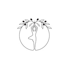 A minimalist silhouette of a woman in a yoga tree pose is encircled by a delicate olive branch, symbolizing balance, peace, and harmony isolated on white background.